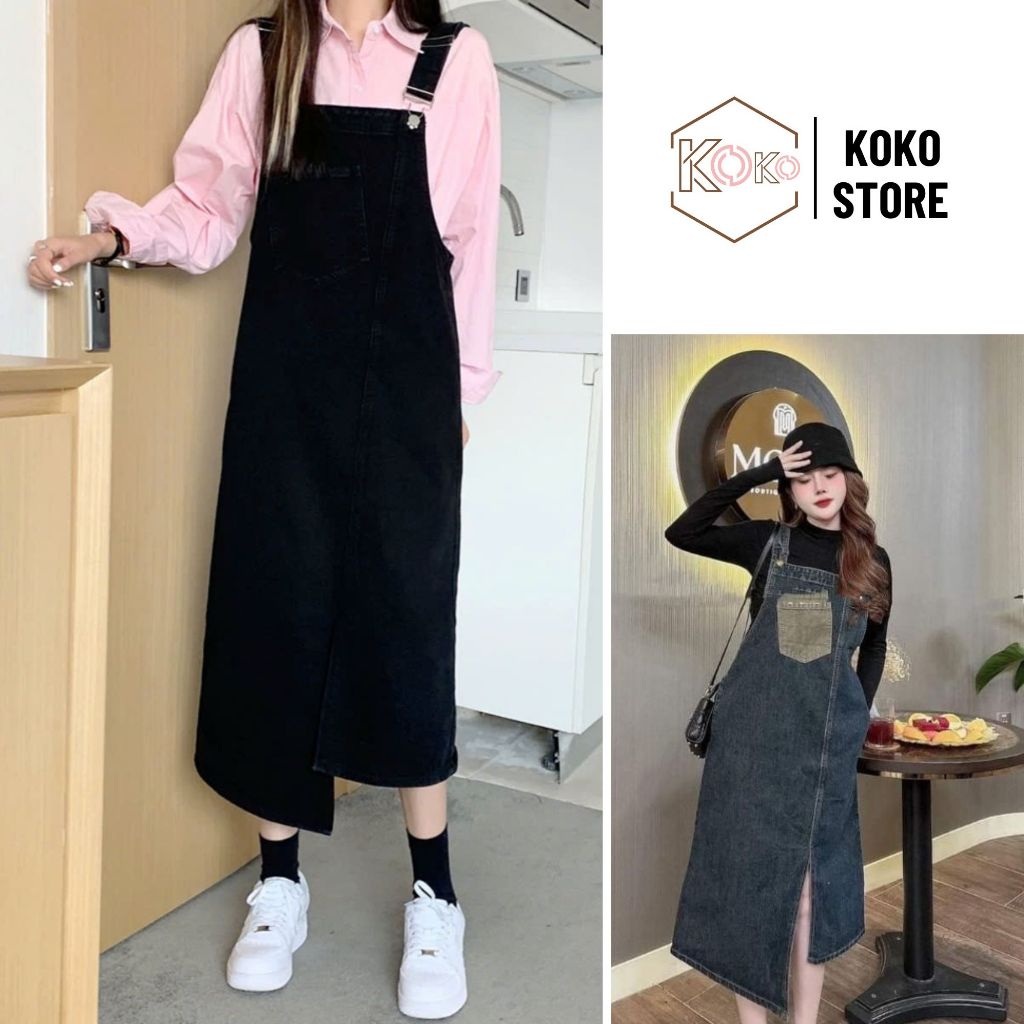  Váy yếm bầu jeans túi trước trẻ trung Đầm Yếm Jeans Dáng Dài Xẻ Trước Che Khuyết Điểm KoKo Y01 