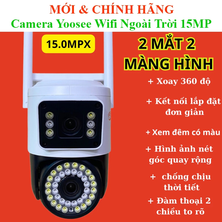 Camera Wifi YooSee Ngoài Trời 2 Mắt 15MP Chống nước Xem 2 Góc Cùng Lúc Rõ nét có màu ban đêm PTZ V36