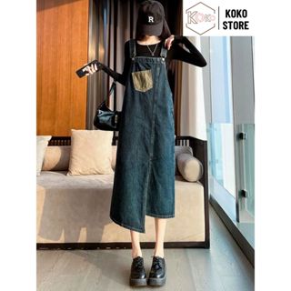 Yếm váy jean BigSize dáng dài xẻ trước phối túi lớn trước ngực nhiều màu phong cách Hàn Quốc KoKo Y01