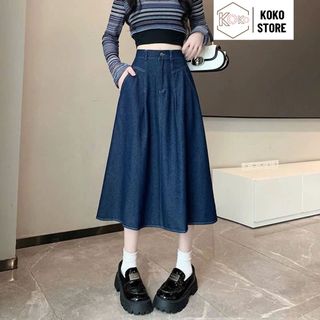  Chân váy bò xanh xoè nữ dáng dài chân váy jean nữ xếp ly cạp cao tôn dáng mùa thu đông hottrend KoKo CVD63 