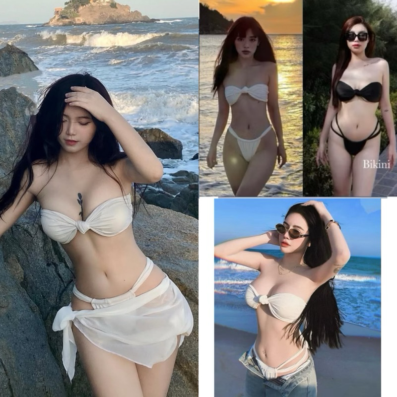 Bikini đồ bơi nữ đi biển áo thắt nút quần tam giác 2 cạp điều chỉnh kín hở R28