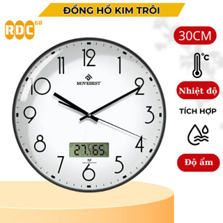 Đồng Hồ Treo Tường Tròn, Kim Trôi, Đồng Hồ Treo Tường 30cm Có Nhiệt Kế, Độ Ẩm Tích Hợp