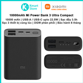 Pin sạc di động 10000mAh Xiaomi Power Bank 3 Ultra Compact | 2*USB-A / 1*USB-C Upto 22.5W | BHR4412GL | Bảo hành 6 tháng