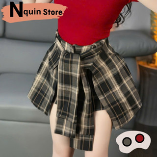  Chân váy ngắn xòe kẻ sọc to kiểu phối tay sơ mi cột eo Quần giả váy buộc nơ giả sơ mi vải sọc caro phong cách cá tính 