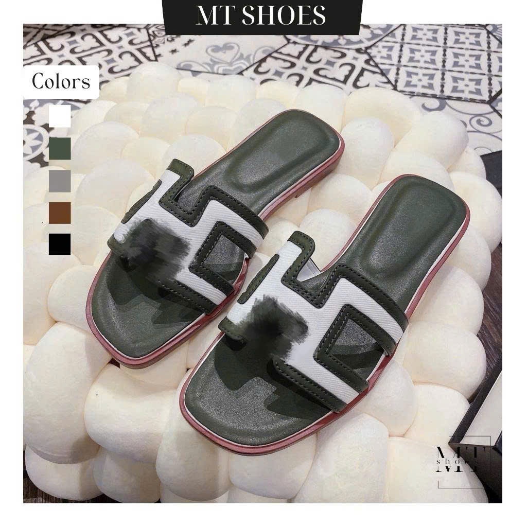 Dép nữ dép bản H quai ngang phối viền siêu Hot chất da hạt mềm nhẹ đi êm chuẩn form MT Shoes