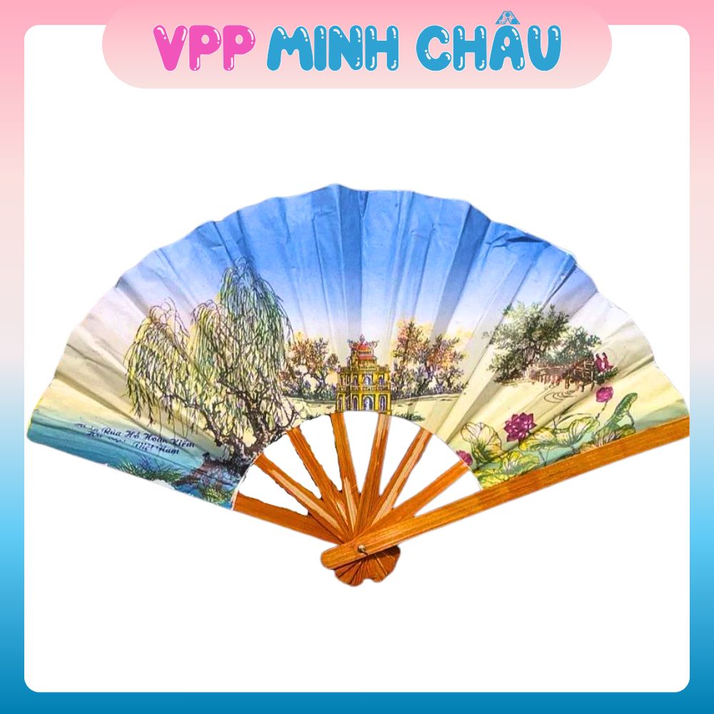 Combo 5 quạt giấy cầm tay in tranh phong cảnh quê hương cán làm bằng tre chắc chắn, quạt tranh gấp gọn tiện lợi