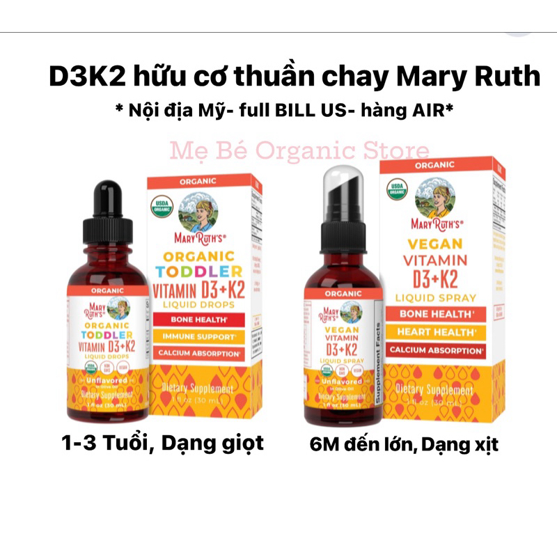 [NỘI ĐỊA MỸ- CÓ BILL- AIR] D3K2 hữu cơ Mary Ruth Toddler D3+K2 Liquid drop cho trẻ 30ml