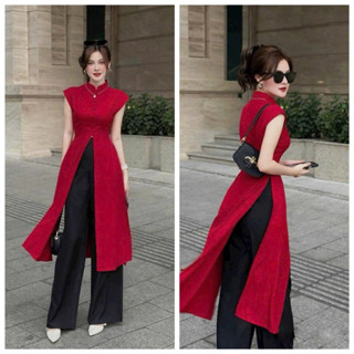  Sét bộ áo dài cách tân cổ tàu tay ngắn gắn nút chất tuyết nhung cao cấp xẻ dài tà áo mix quần đen suông 