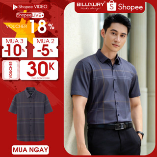 [BST KHỞI SỰ THÀNH CÔNG] Áo Sơ Mi Ghi Tối 7SMCC328GHT Biluxury Ngắn Tay Hoạ Tiết Kẻ, Kháng Khuẩn, Bền Màu