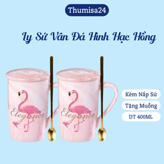 Ly Sứ Vân Đá Hồng Có Hoạ Tiết Dung Tích 400ml Tặng Kèm Nắp Và Thìa Cao Cấp
