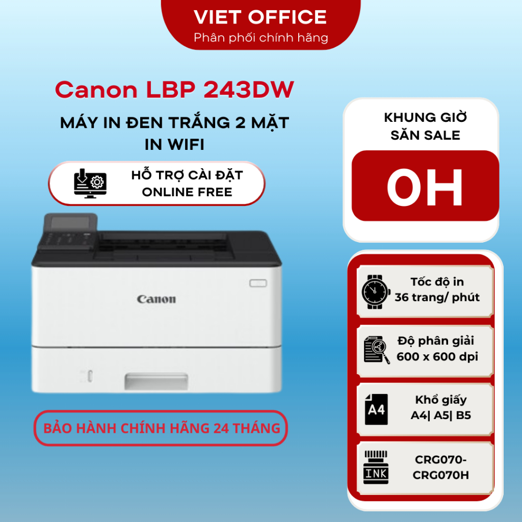 Máy in laser đen trắng Canon LBP 243DW/ 243DW II đơn năng (USB, Lan, Wifi, Duplex) BH 12 tháng
