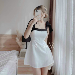*Đầm thời trang nữ sang chảnh dễ thương đi chơi chất umi áo hai dây buộc nơ có mút dáng váy chữ A dài mini cực xịn xò