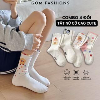 Combo 4 đôi tất chân cổ cao GOMTAT họa tiết cute, vớ nữ cotton phong cách vintage Hàn Quốc ZH-208-CB4