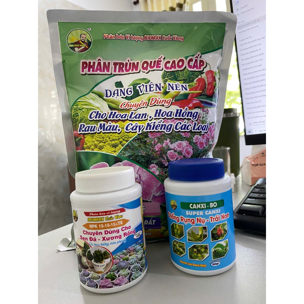 Combo Phân Bón Cây Cảnh: Phân Trùn Quế + NPK 15-15-15+TE + Canxi-Bo (Tăng Trưởng Mạnh, Lá Xanh, Hoa 