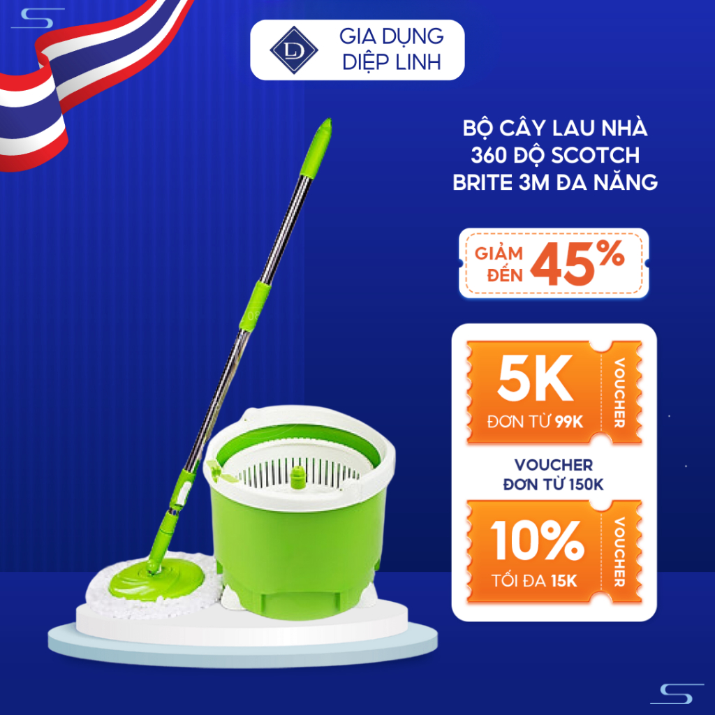 Bộ Cây Lau Nhà 360 Độ 3M Scotch-Brite Đa Năng, Lồng Giặt Vắt Tích Hợp, Lau Sạch Hiệu Quả