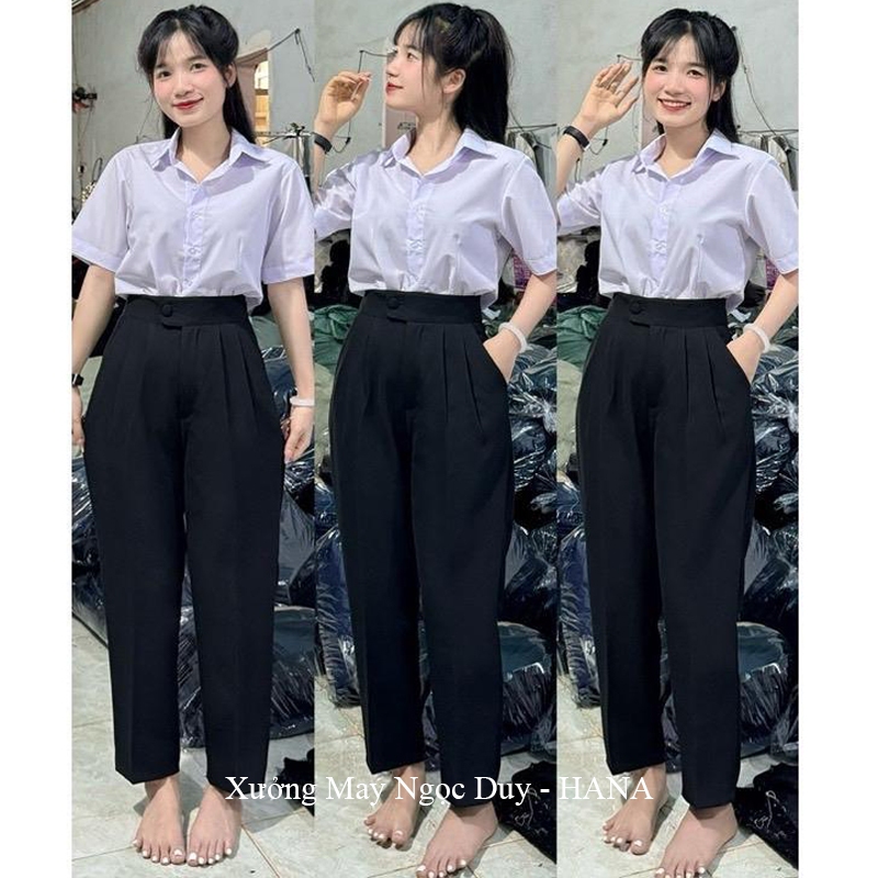 Quần tây baggy đi học nữ đi học A609 màu Xanh Đen cạp lưng cao đai lệch - Quần vải học sinh cấp 3 2 