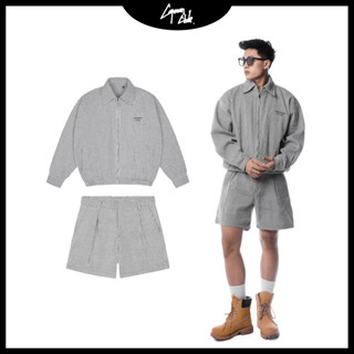 Set quần short và áo khoác nam HURA, phom rộng CAPMAN CLUB họa tiết kẻ sọc trắng đen