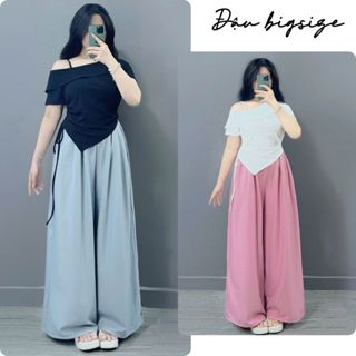 Set đồ bigsize nữ áo thun tay ngắn trễ vai 1 bên tà nhọn kèm quần dài ống rộng lưng thun co giãn chất lụa - SET980