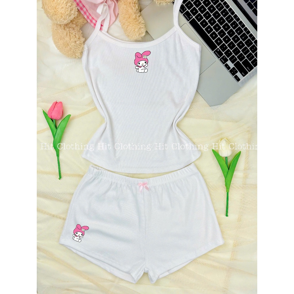 [Melody]Set bộ Đồ Ngủ Nữ Áo 2 Dây Cổ In Melody Dễ Thương, Đồ Ngủ Nữ Mặc Hè Áo 2 Dây Kèm Quần Mini Lư