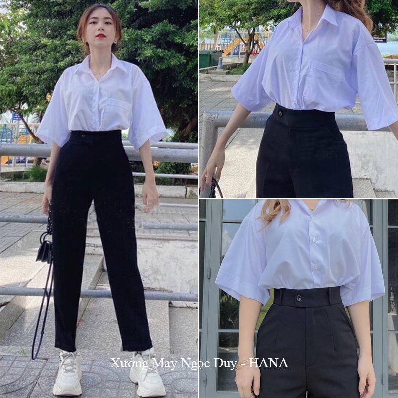 Quần Baggy Nữ Đi Học 1 Nút Cúc Lệch Giữa Khóa Kéo M50 M55 M50 Dáng Quần Tây Nữ Lưng Đáy Cao Vải Vite