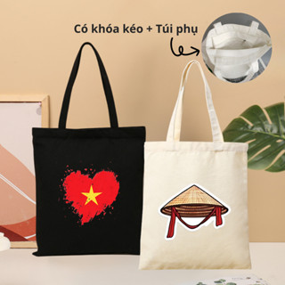 Túi tote vải canvas Tôi Yêu Việt Nam có khoá kéo, túi phụ - Túi vải đi học, đi chơi - We Tee TOTE05