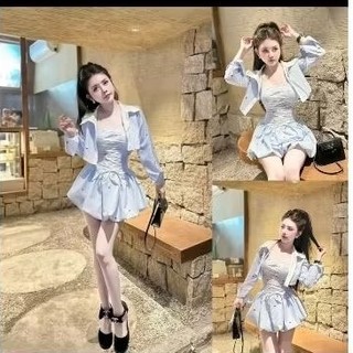  sét 3 món vải sọc in hình nơ áo sơ mi dài tay  dáng ngắn kèm váy cúp rút eo dáng bí   quần bảo hộ rời  