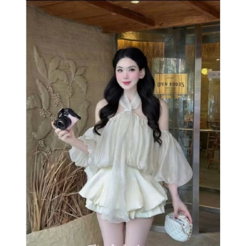  Sét áo yếm TAY BỒNG  kèm chân váy xếp ly 2 tầng  siêu xinh 