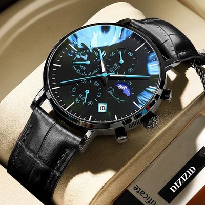Đồng Hồ Nam Chính Hãng DIZIZID dây da cao cấp chạy full 6 kim và lịch ngày chống nước tốt