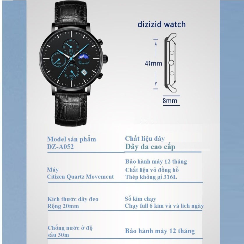 Đồng Hồ Nam Chính Hãng DIZIZID dây da cao cấp chạy full 6 kim và lịch ngày chống nước tốt | BigBuy360 - bigbuy360.vn