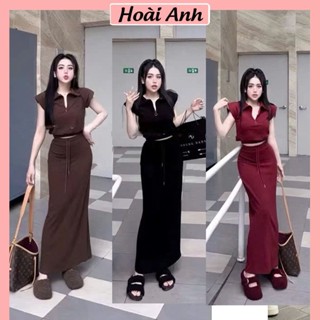Set Bộ Đồ Nữ Trơn Basic Áo Croptop Tay Hến Cổ Kéo Khóa Lửng Mix Chân Váy Dáng Dài Freesize