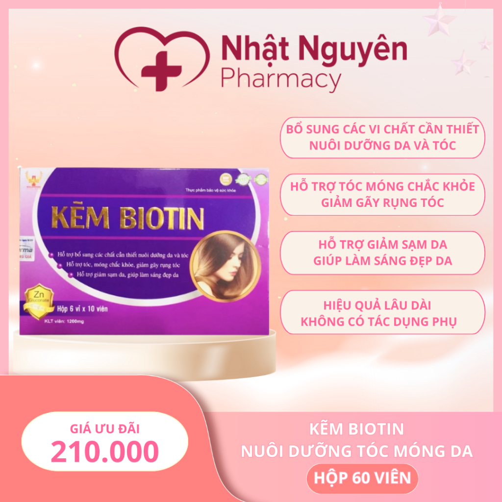 Kẽm biotin bổ sung các chất nuôi dưỡng tóc, kích thích và hạn chế gãy rọng tóc, hỗ trợ giảm sạm da