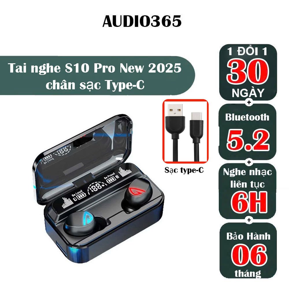 Tai nghe S10 Pro new 2025 bass cực hay, hỗ trợ đàm thoại, chống nước IPX7,chống ồn ENC - Audio365