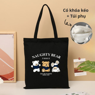 Túi tote hình Gấu, Capybara có khoá kéo và túi phụ - Túi vải canvas đi học đi chơi - We Tee TOTE02