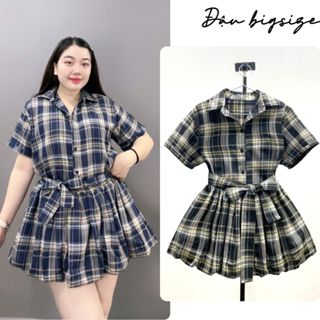 Set đồ bigsize nữ áo sơ mi tay ngắn kèm chân váy bí lưng thun chất vải caro mềm phong cách trẻ trung, dễ thương - SET854