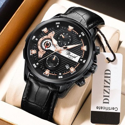 Đồng hồ nam dây da chính hãng DIZIZID chạy full kim và lịch ngày chống nước tốt kim dạ quang