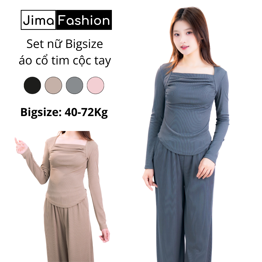 Set bộ nữ Jima Fashion set áo dài tay cổ vuông xếp ly nhún eo che bụng mềm mại bộ thun nữ mặc nhà 12