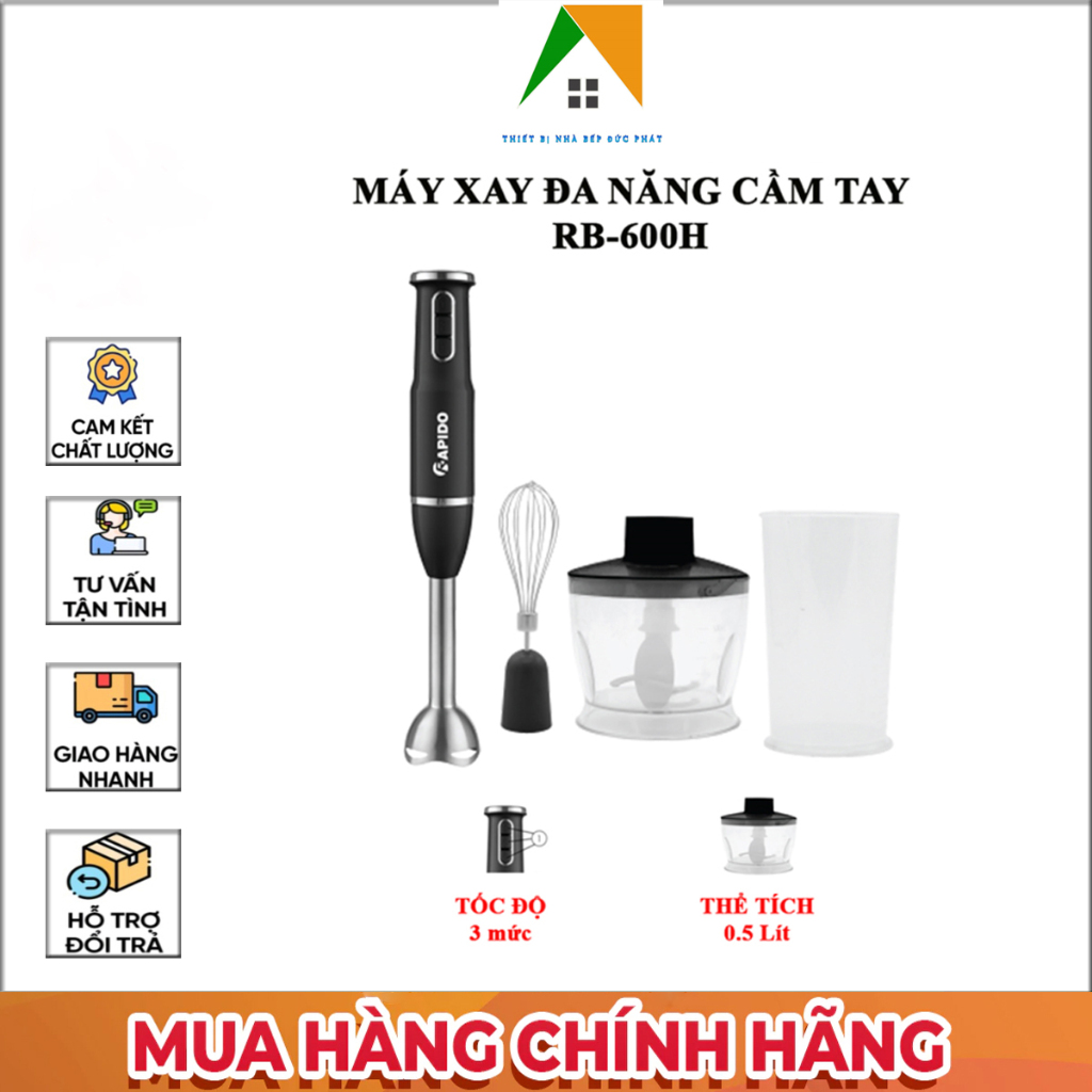 Máy xay đa năng cầm tay Rapido RB-600H 3in1 Máy tạo bọt máy đánh trứng, máy xay thịt, Bh 12 tháng