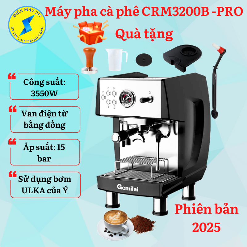 Máy pha cà phê Gemilai CRM3200B - Pro - Mới nhất 2025 - Chuẩn vị Espresso - Pha cực nhanh - Mới 100%