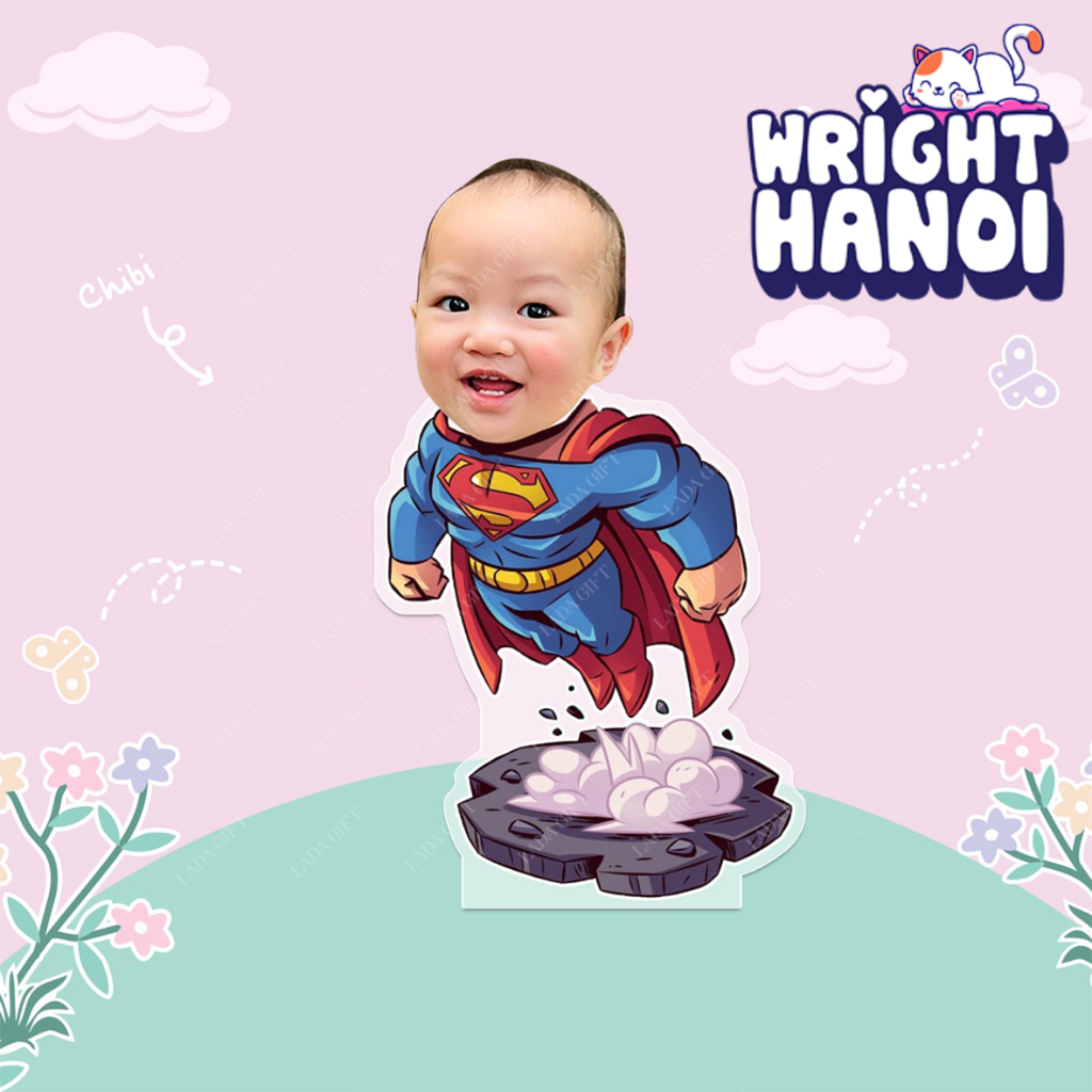 Mô hình standee lắc đầu ghép mặt chibi 1-2 người in theo yêu cầu chạy pin trang trí ô tô chibi cute 