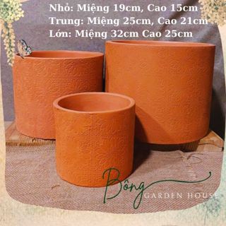 Chậu trồng cây, chậu đất nung hình trụ mẫu khắc hoa Bông Garden House
