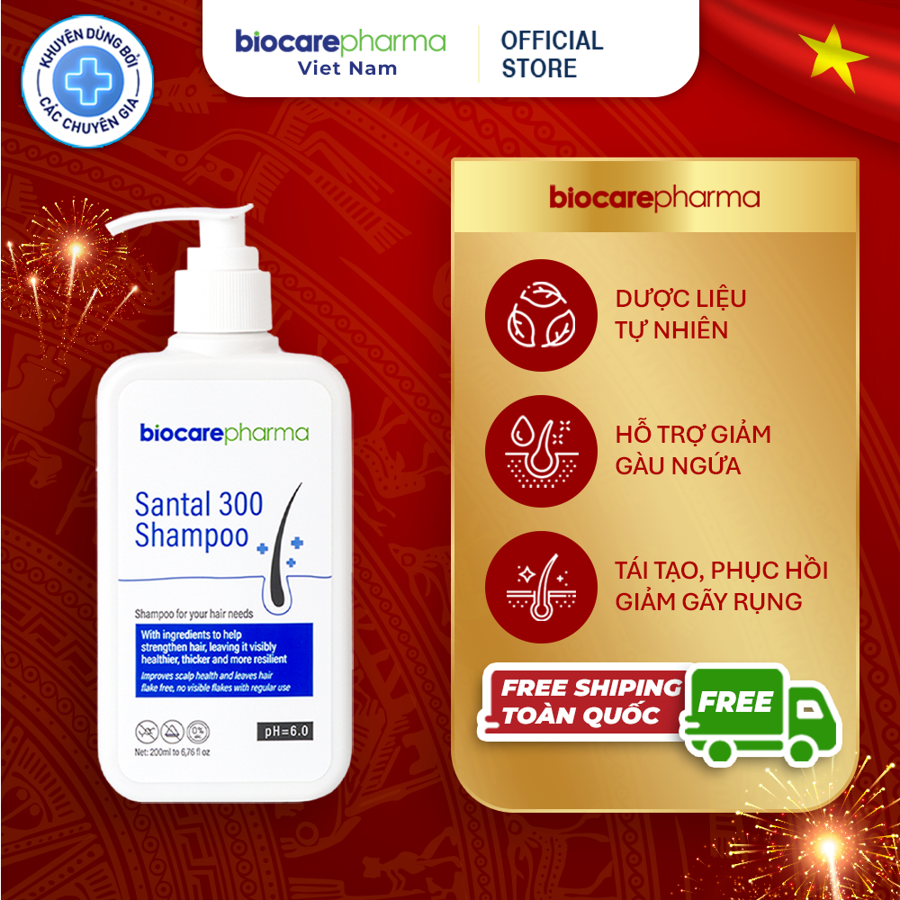 Dầu gội dược liệu BIO CARE PHARMA giảm gàu nấm ngứa da đầu Santal 300 Shampoo 200ml 