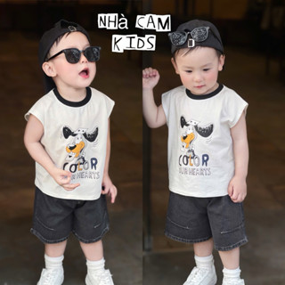 Bộ Đùi Cho Bé, Bộ Đùi Sát Nách Trắng Hình Chó Mix Quần Đùi Jeans khói cá tính Cho Bé - Nhà Cam