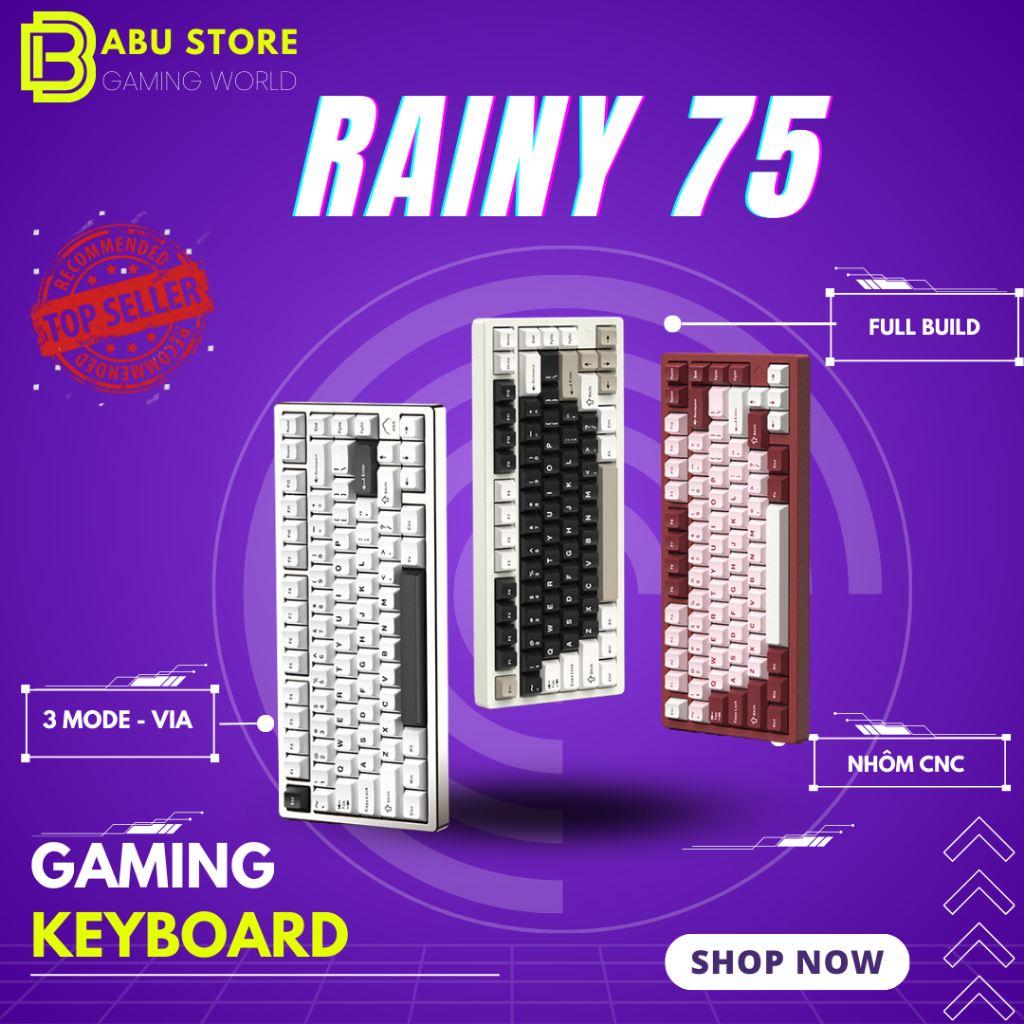 [Hàng Sẵn] Bàn phím cơ không dây Rainy75 | rainy 75 nhôm CNC, mạch xuôi, 3 modes, leg rgb , hostswap, keycap pbt