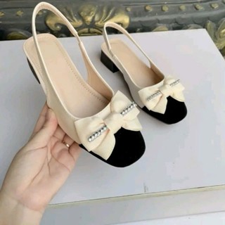 Sandal phối da, Giày sục nữ Nơ Kim Tuyến phối màu quai cài có chun co dãn, đế cao 4p marry baby bệt