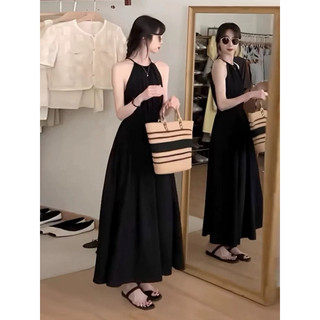 Váy đi biển, đầm Maxi 2 dây đen chấm pi hở lưng, 2 lớp, dễ thương phong cách Hàn Quốc