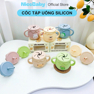 Cốc Tập Hút Tập Uống Nước Silicon Coco Bear Có Tay Cầm Cho Bé Có Chức Năng Đẩy Kèm 2 Nắp NiceBaby
