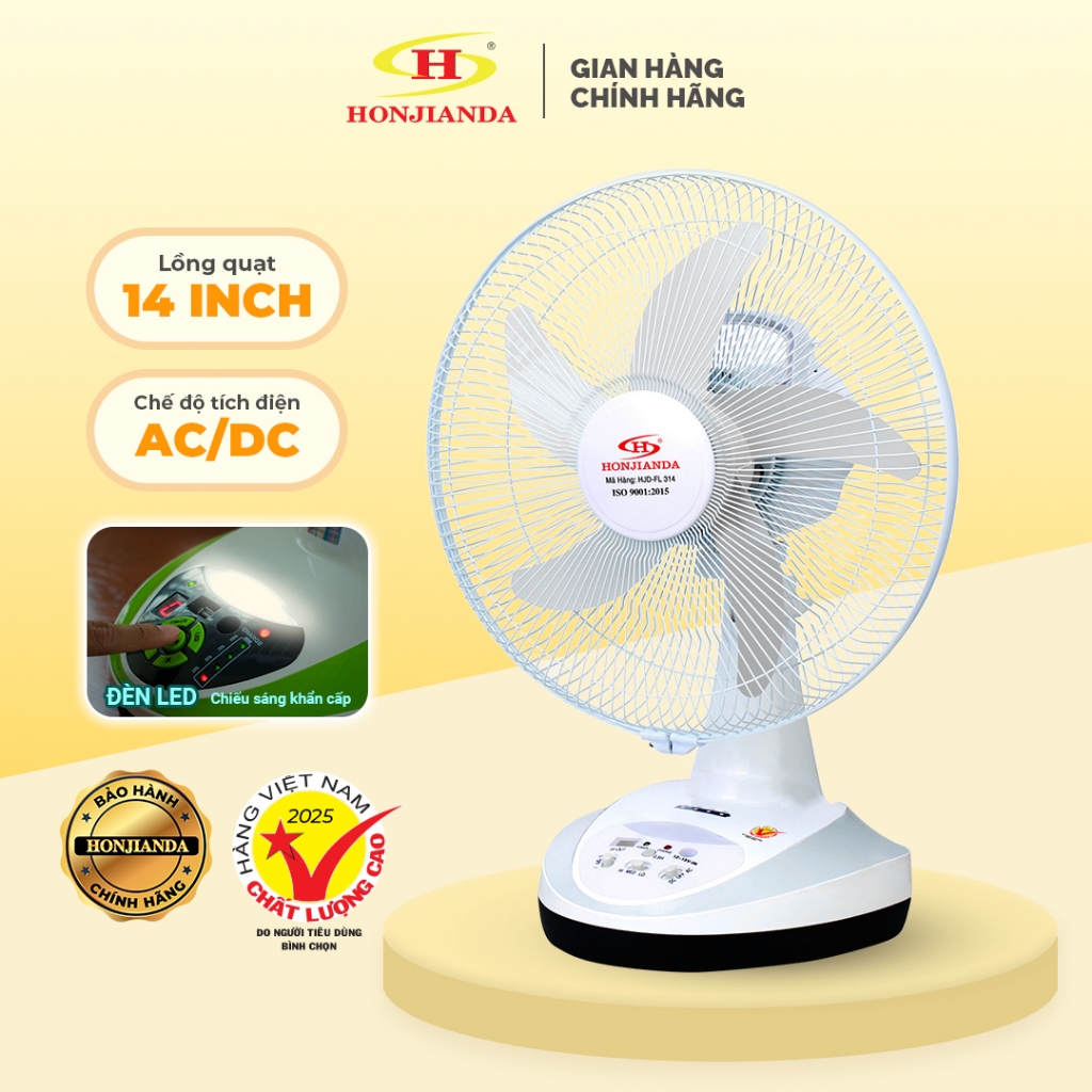 Quạt Sạc Tích Điện để bàn AC&DC 14 inch Honjianda FL314 1-2 pin - có đèn LED & USB