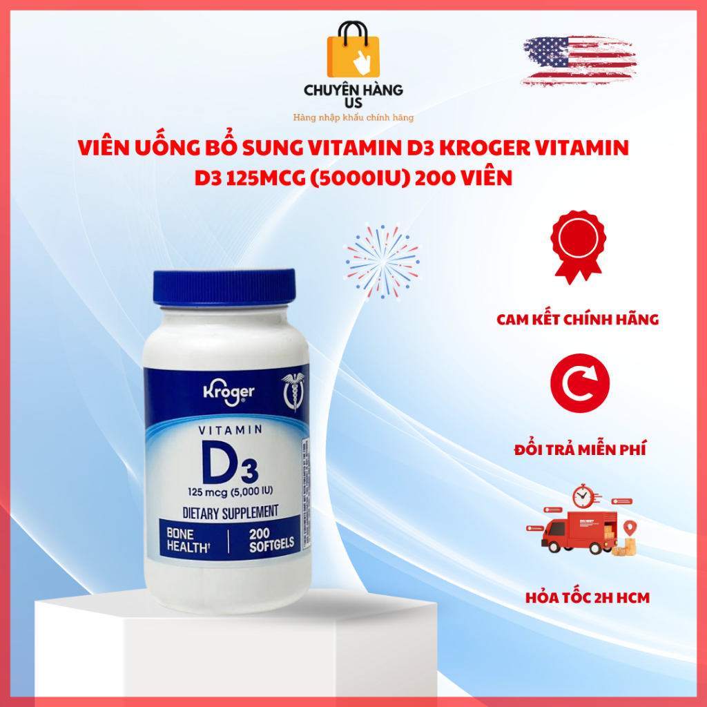 Viên uống bổ sung Vitamin D3 Kroger Vitamin D3 125mcg (5000IU) 200 viên nhập khẩu Mỹ