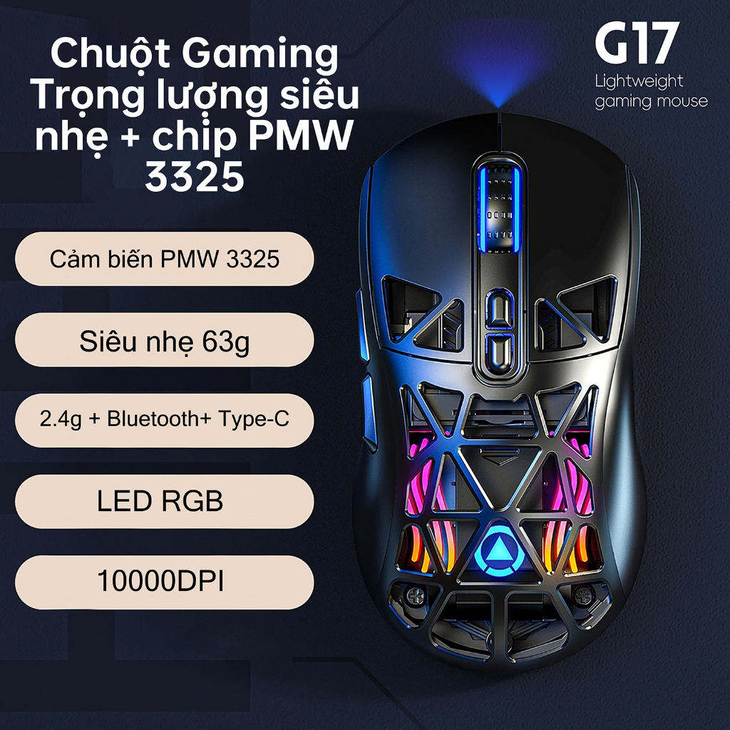 Chuột không dây gaming Yindiao G17, chuột bluetooth, dây type-c, receiver 2,4ghz, cảm biến PMW 3325