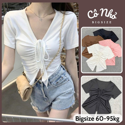 Áo Thun Kiểu Nữ Bigsize Áo Croptop Dây Rút Tôn Vòng 1 Vải Gân Tăm Mềm Mát Cho Chubby G42